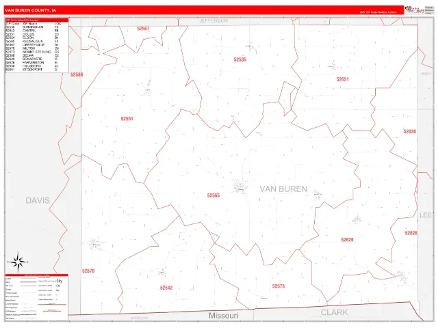 Van Buren County, IA ZIP Code Wall Map, RedLine style