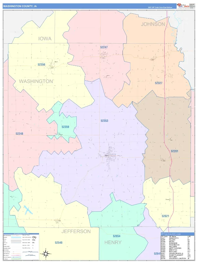 Washington County, IA ZIP Code Wall Map, ColorCast style