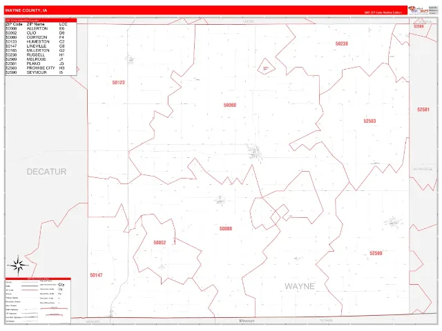 Wayne County, IA ZIP Code Wall Map, RedLine style