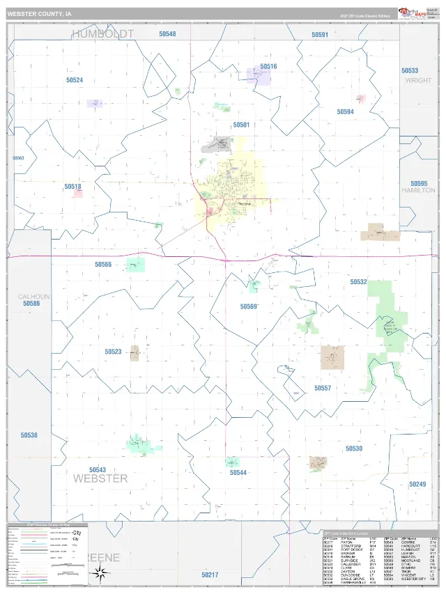 Webster County, IA ZIP Code Wall Map, Classic style