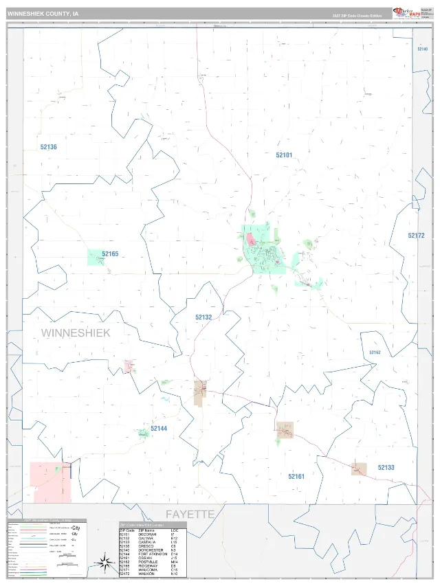 Winneshiek County, IA ZIP Code Wall Map, Classic style