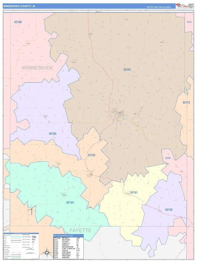 Winneshiek County, IA ZIP Code Wall Map, ColorCast style