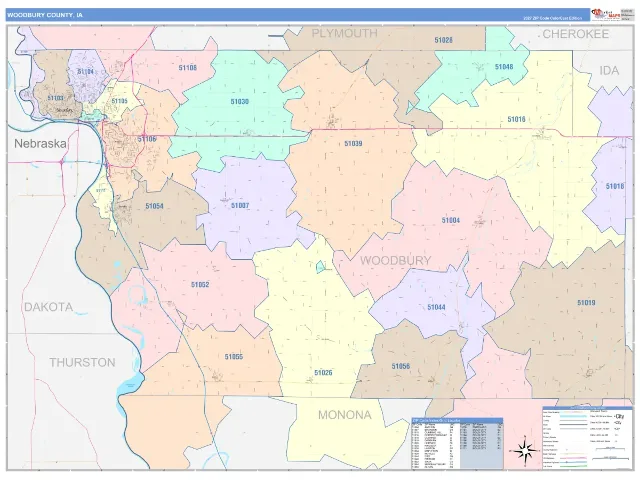 Woodbury County, IA ZIP Code Wall Map, ColorCast style