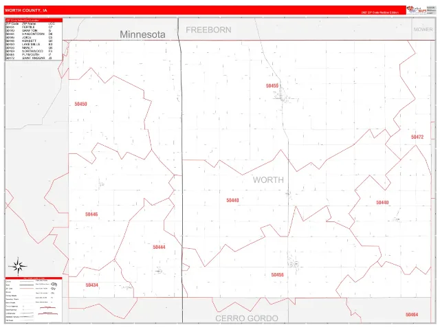 Worth County, IA ZIP Code Wall Map, RedLine style