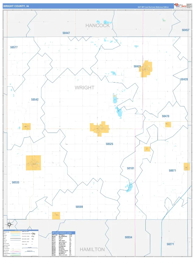 Wright County, IA ZIP Code Wall Map, Business Reference style