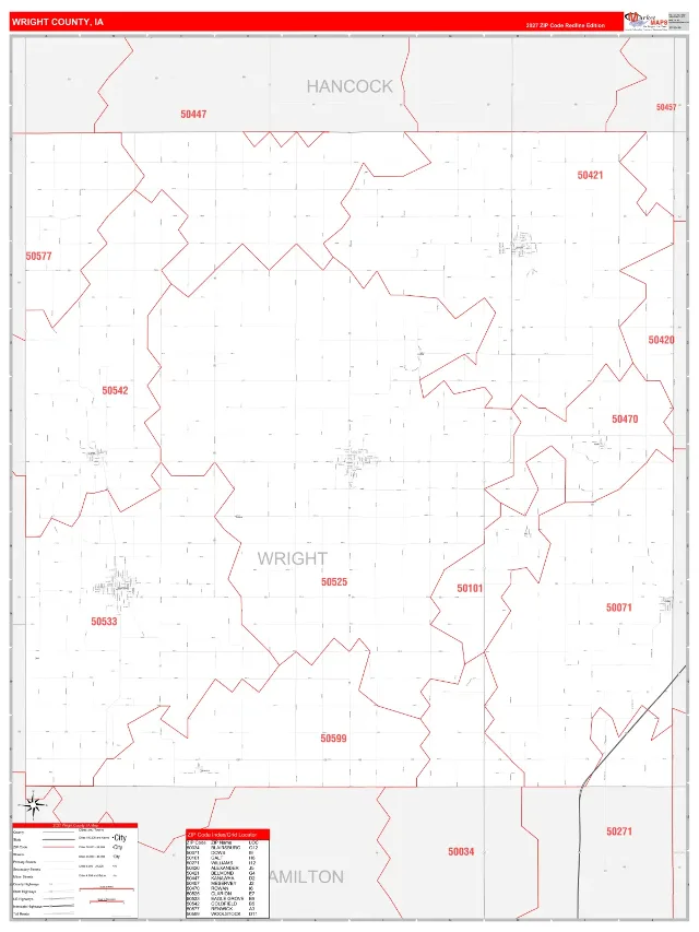 Wright County, IA ZIP Code Wall Map, RedLine style
