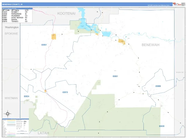 Benewah County, ID ZIP Code Wall Map, Business Reference style