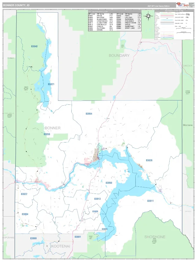 Bonner County, ID ZIP Code Wall Map, Classic style
