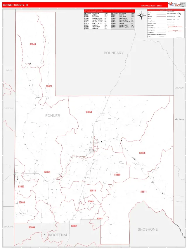Bonner County, ID ZIP Code Wall Map, RedLine style