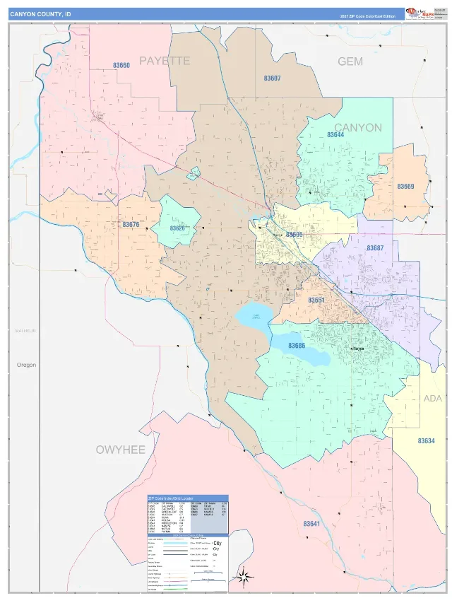 Canyon County, ID ZIP Code Wall Map, ColorCast style