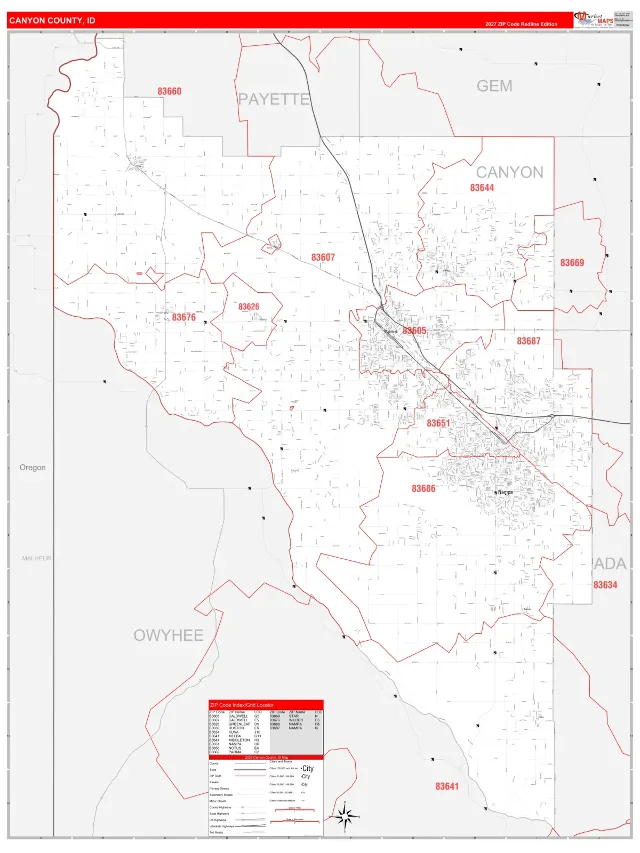 Canyon County, ID ZIP Code Wall Map, RedLine style