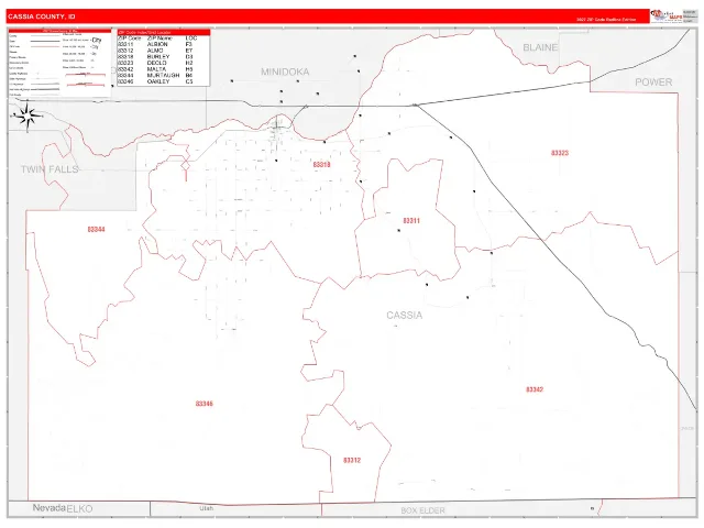 Cassia County, ID ZIP Code Wall Map, RedLine style