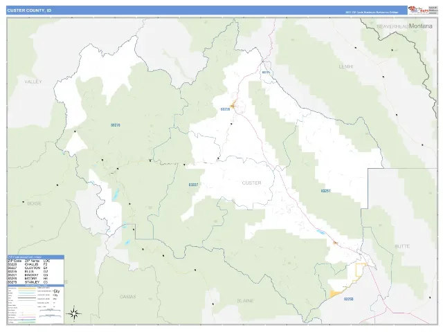 Custer County, ID ZIP Code Wall Map, Business Reference style