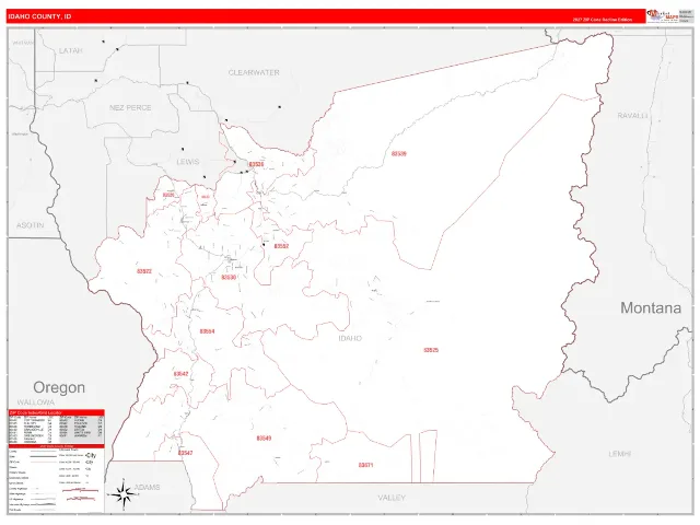 Idaho County, ID ZIP Code Wall Map, RedLine style