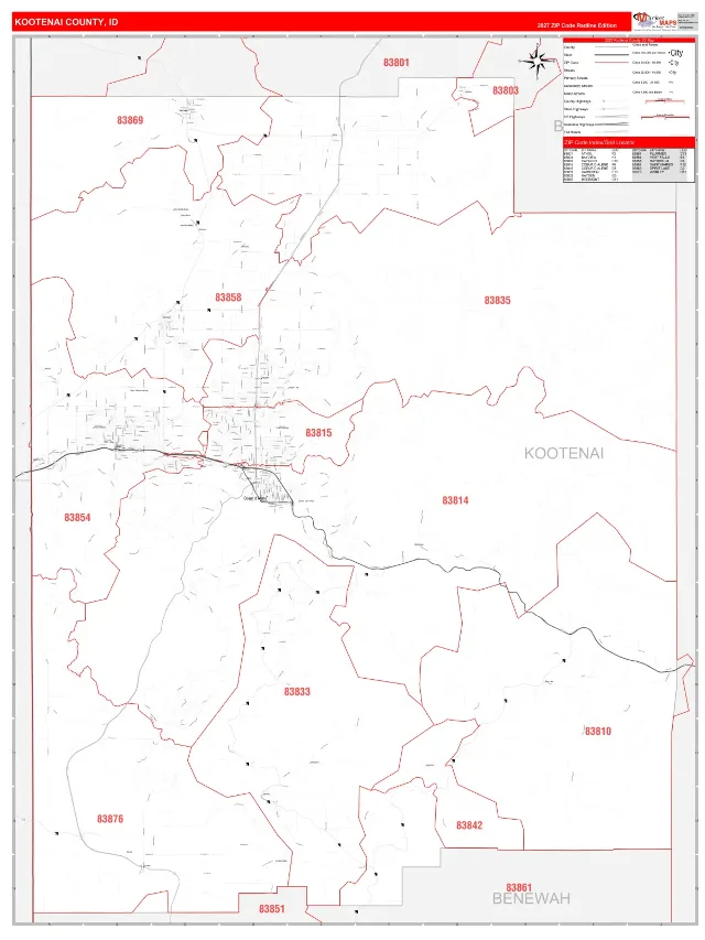 Kootenai County, ID ZIP Code Wall Map, RedLine style