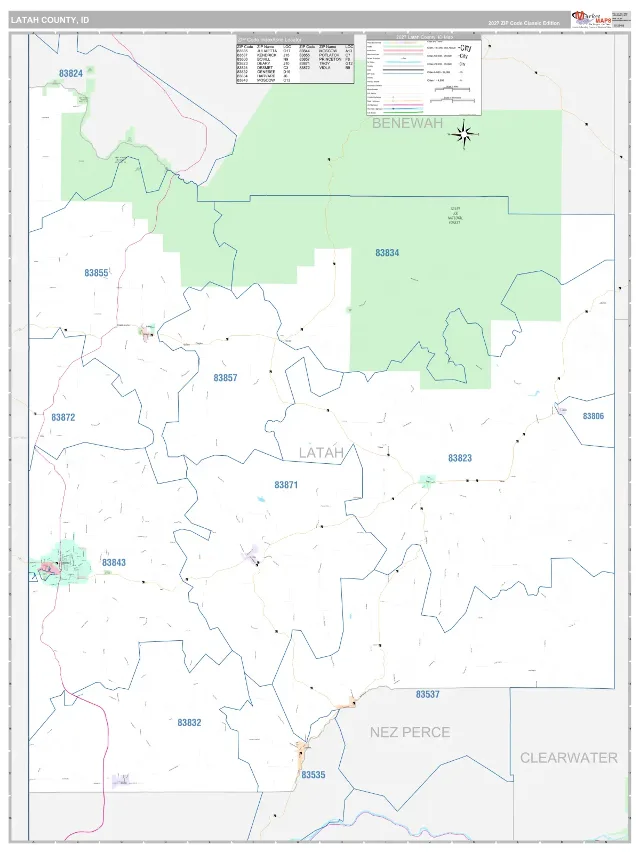 Latah County, ID ZIP Code Wall Map, Classic style
