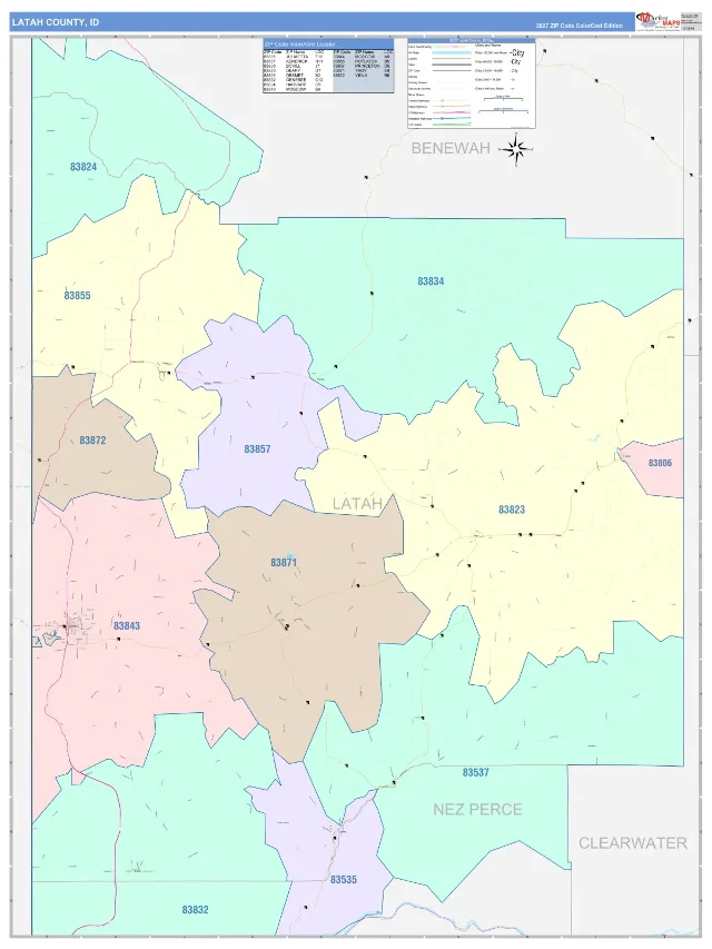Latah County, ID ZIP Code Wall Map, ColorCast style