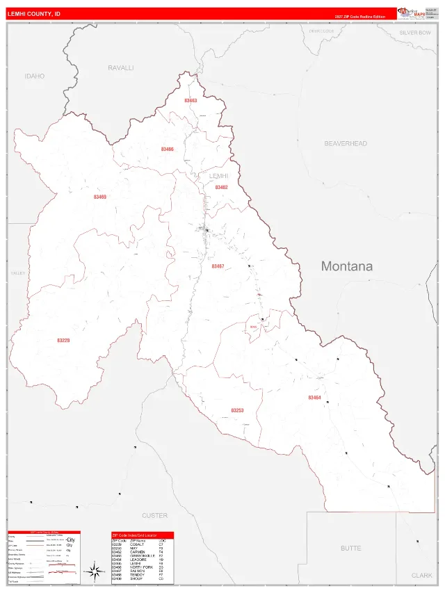 Lemhi County, ID ZIP Code Wall Map, RedLine style