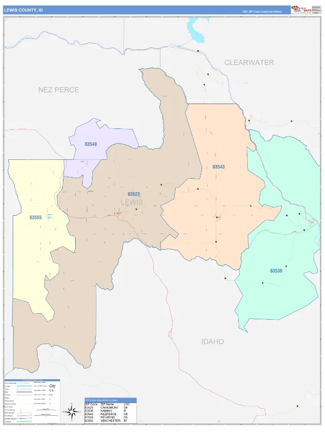 Lewis County, ID ZIP Code Wall Map, ColorCast style
