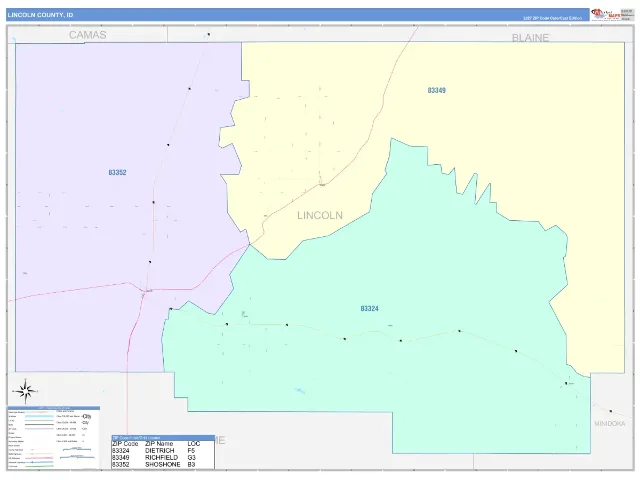 Lincoln County, ID ZIP Code Wall Map, ColorCast style