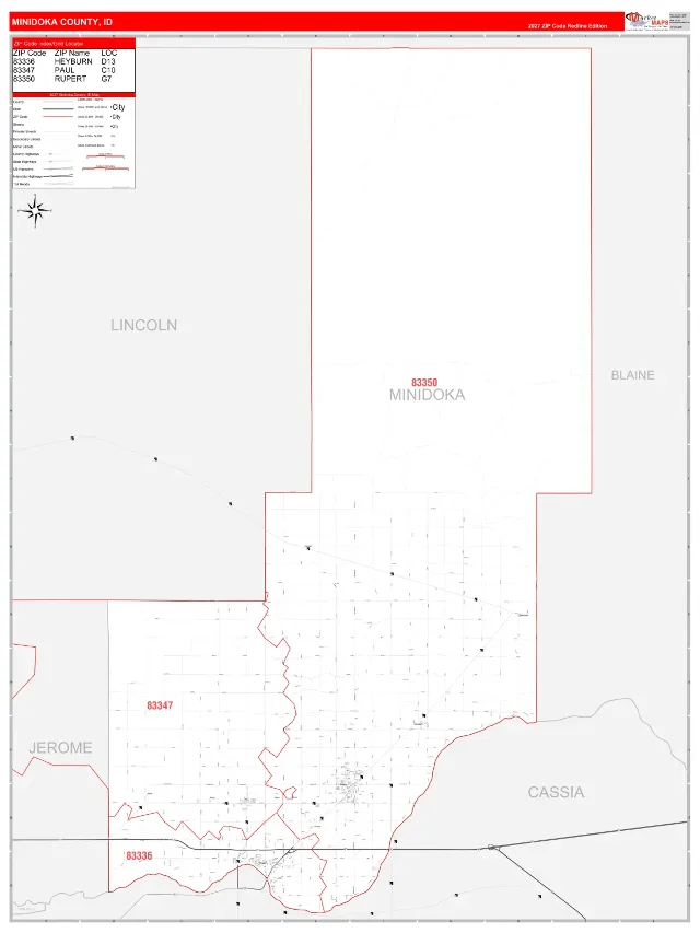 Minidoka County, ID ZIP Code Wall Map, RedLine style
