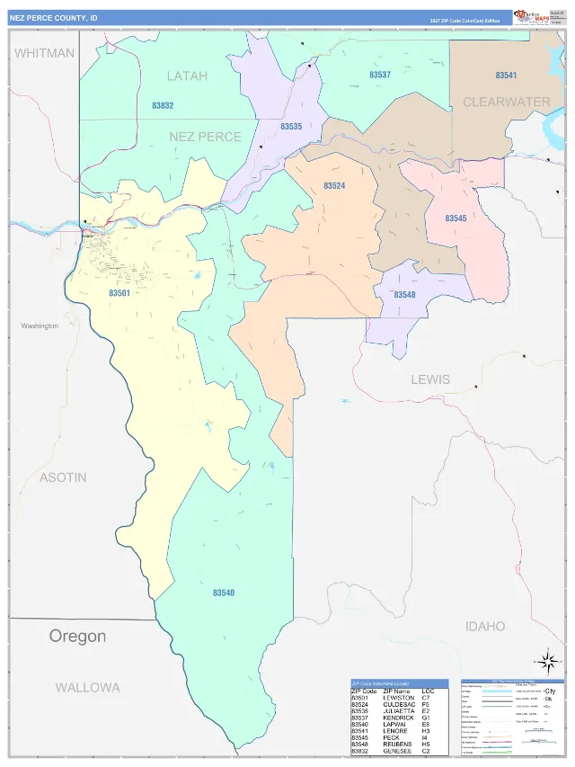 Nez Perce County, ID ZIP Code Wall Map, ColorCast style