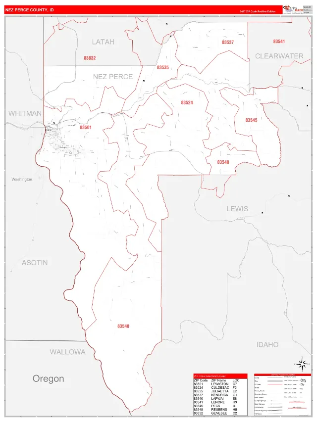 Nez Perce County, ID ZIP Code Wall Map, RedLine style