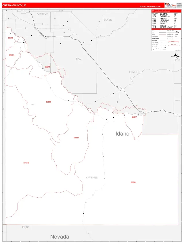 Owyhee County, ID ZIP Code Wall Map, RedLine style