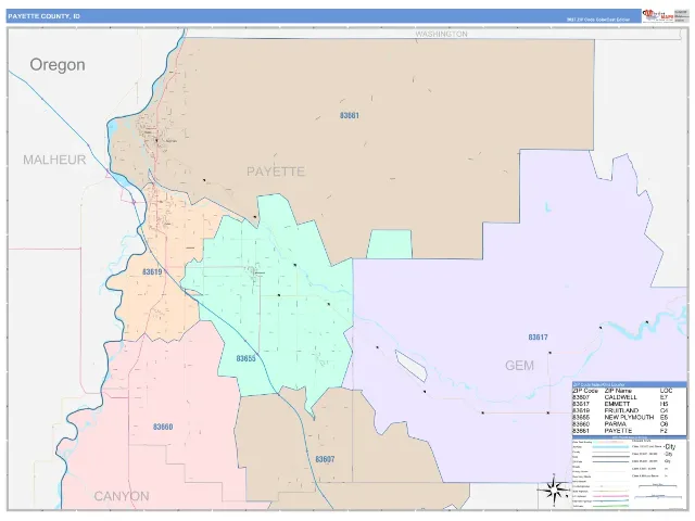 Payette County, ID ZIP Code Wall Map, ColorCast style