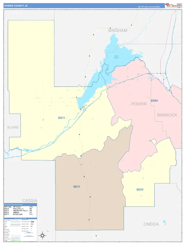Power County, ID ZIP Code Wall Map, ColorCast style