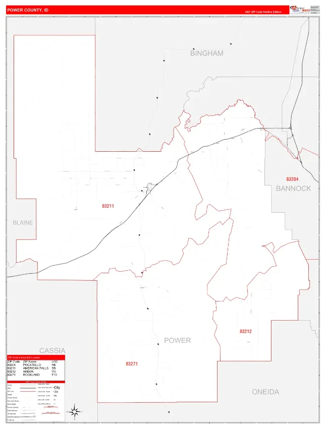 Power County, ID ZIP Code Wall Map, RedLine style