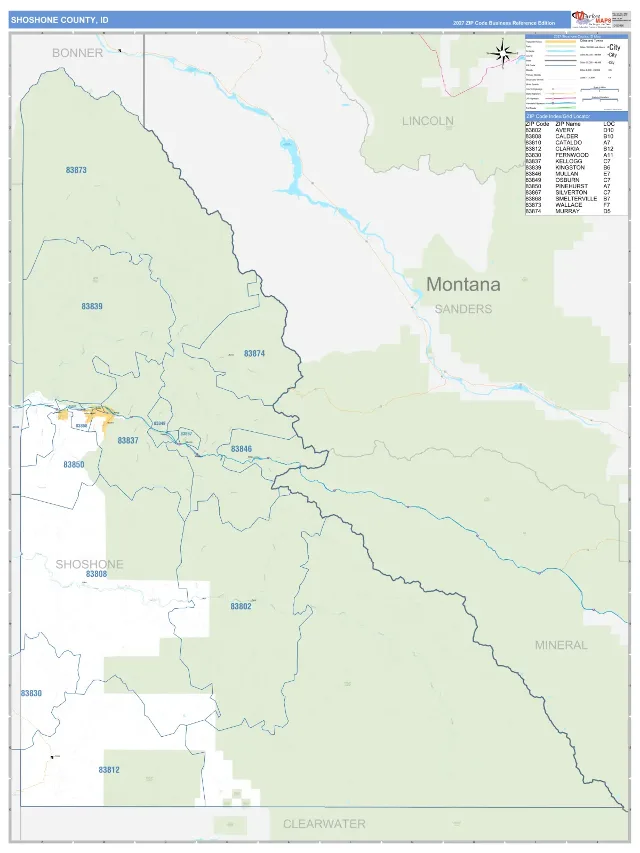 Shoshone County, ID ZIP Code Wall Map, Business Reference style