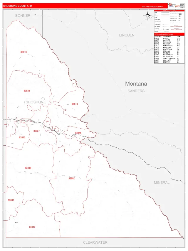 Shoshone County, ID ZIP Code Wall Map, RedLine style