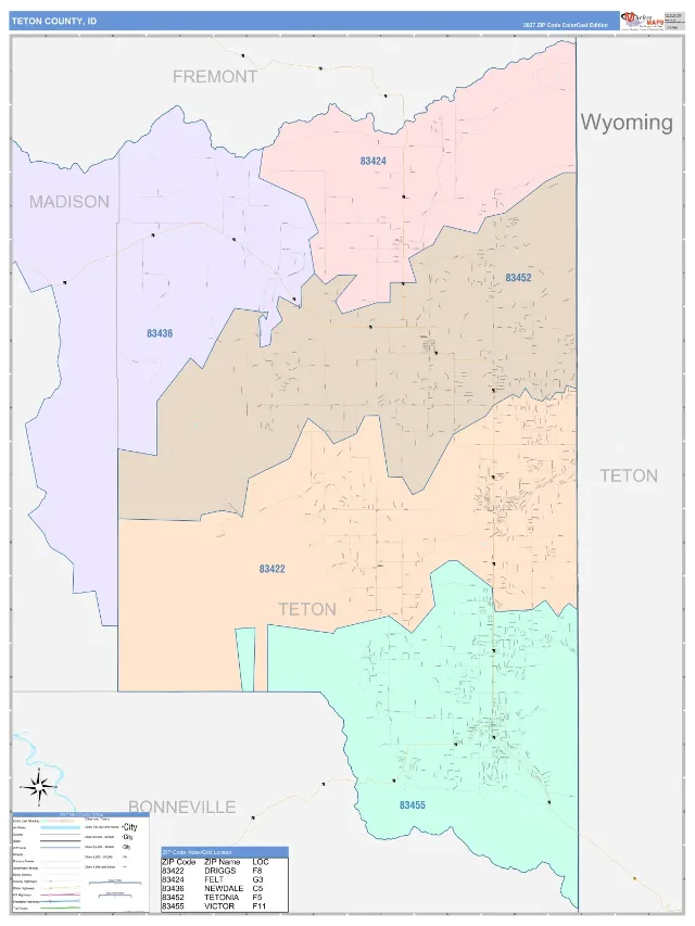 Teton County, ID ZIP Code Wall Map, ColorCast style
