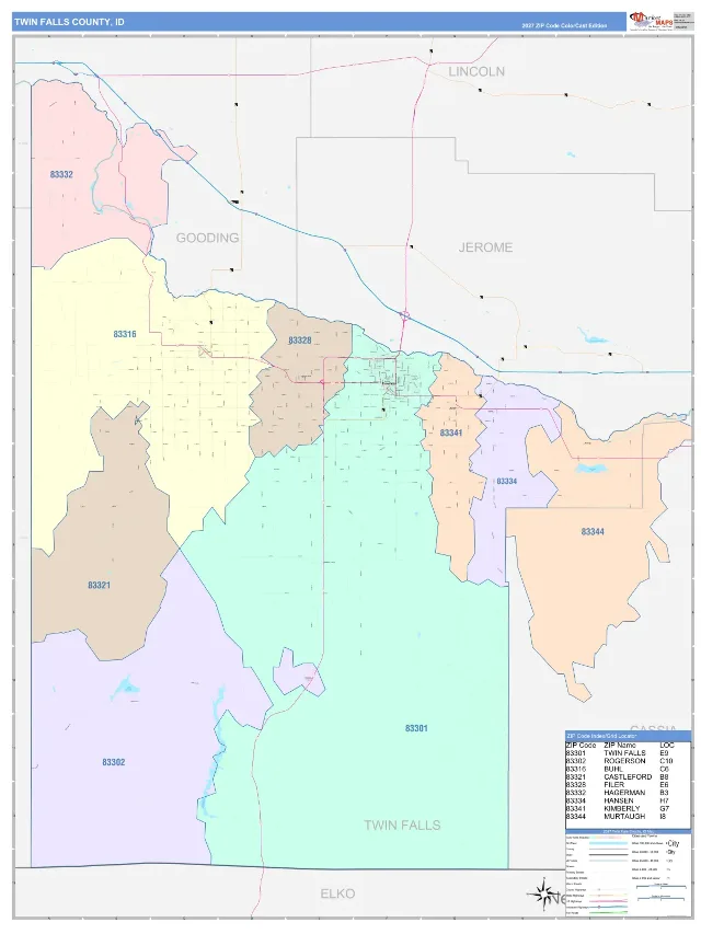Twin Falls County, ID ZIP Code Wall Map, ColorCast style