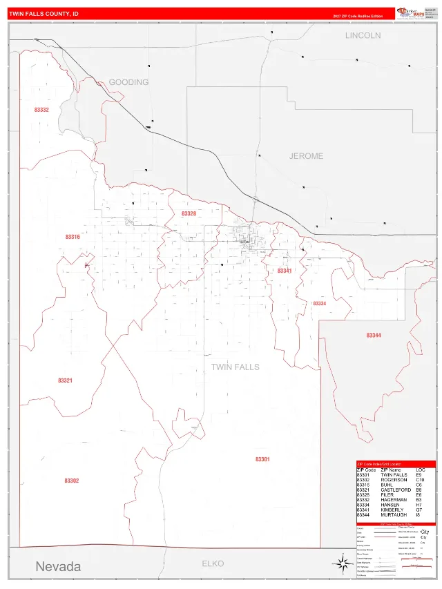 Twin Falls County, ID ZIP Code Wall Map, RedLine style