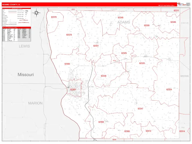 Adams County, IL ZIP Code Wall Map, RedLine style