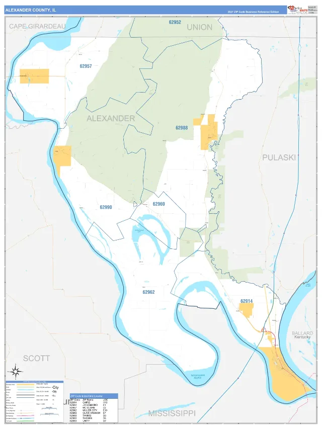 Alexander County, IL ZIP Code Wall Map, Business Reference style
