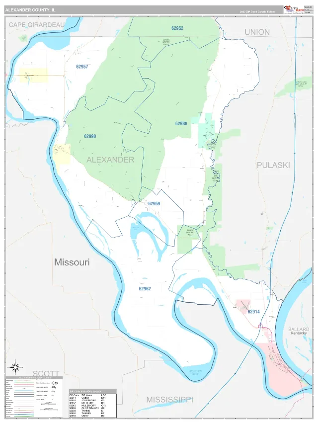 Alexander County, IL ZIP Code Wall Map, Classic style