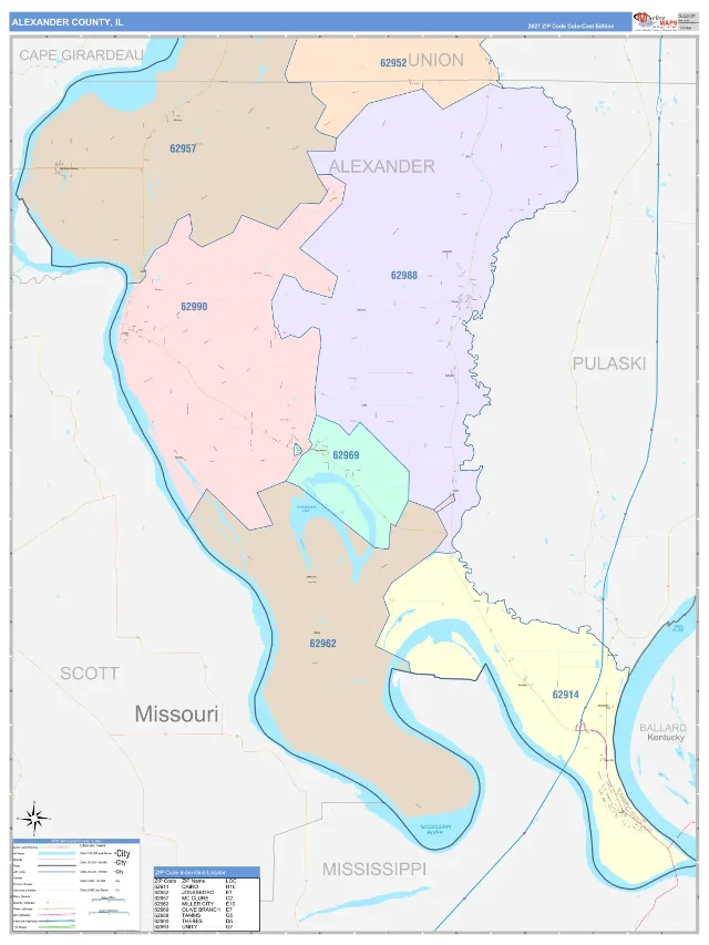 Alexander County, IL ZIP Code Wall Map, ColorCast style