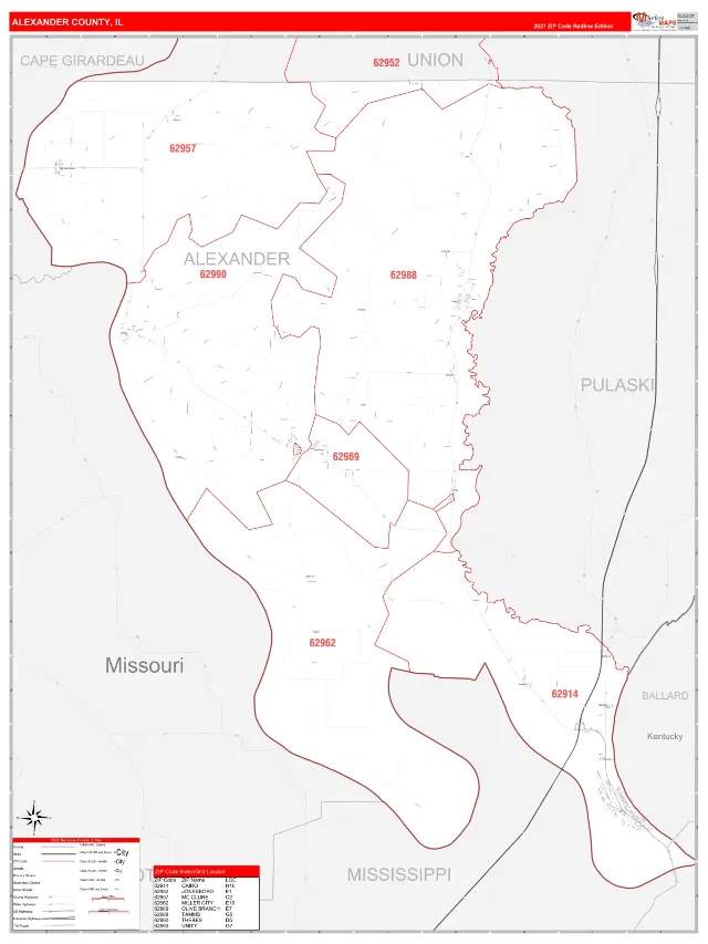 Alexander County, IL ZIP Code Wall Map, RedLine style