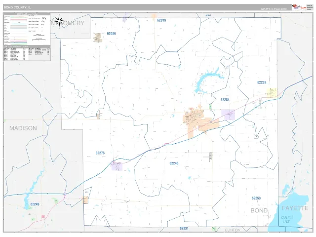 Bond County, IL ZIP Code Wall Map, Classic style