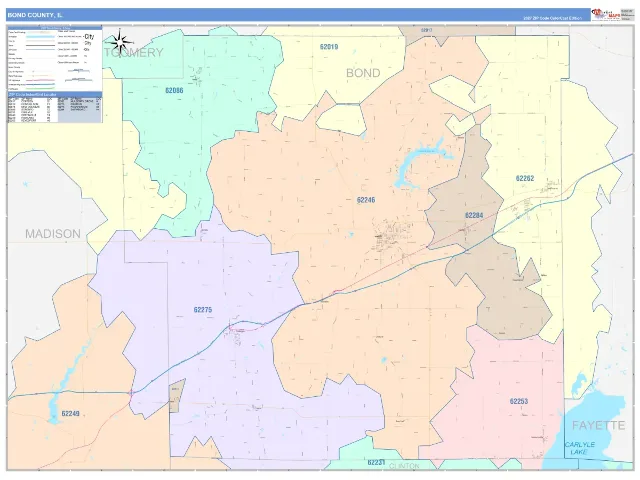 Bond County, IL ZIP Code Wall Map, ColorCast style