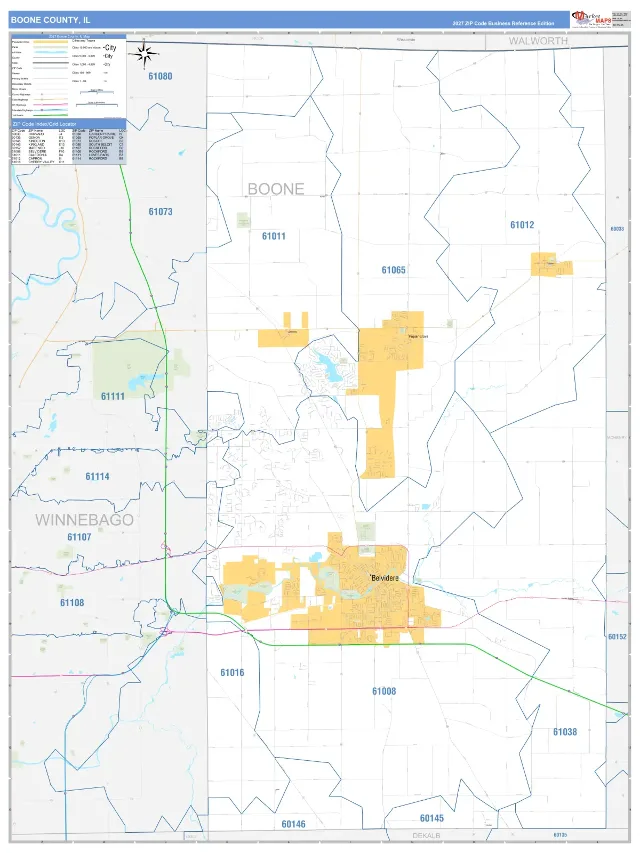 Boone County, IL ZIP Code Wall Map, Business Reference style