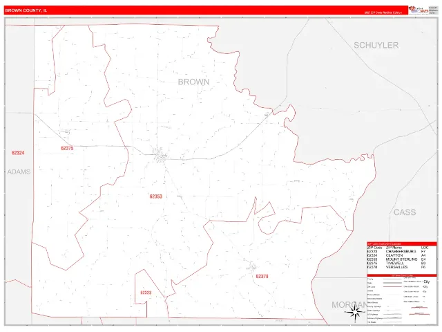 Brown County, IL ZIP Code Wall Map, RedLine style