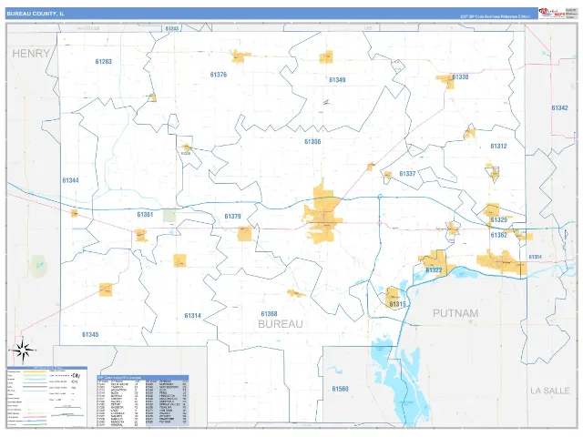 Bureau County, IL ZIP Code Wall Map, Business Reference style