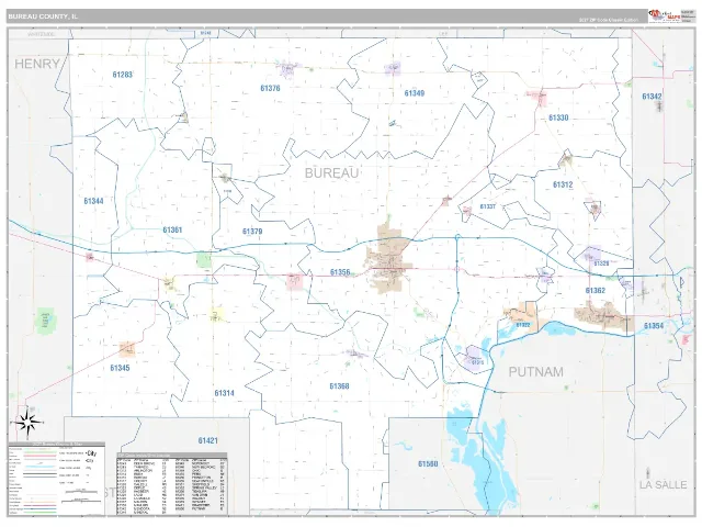 Bureau County, IL ZIP Code Wall Map, Classic style