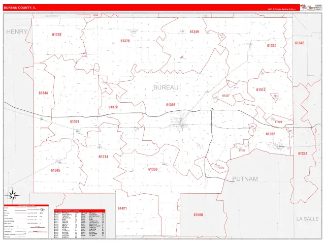 Bureau County, IL ZIP Code Wall Map, RedLine style