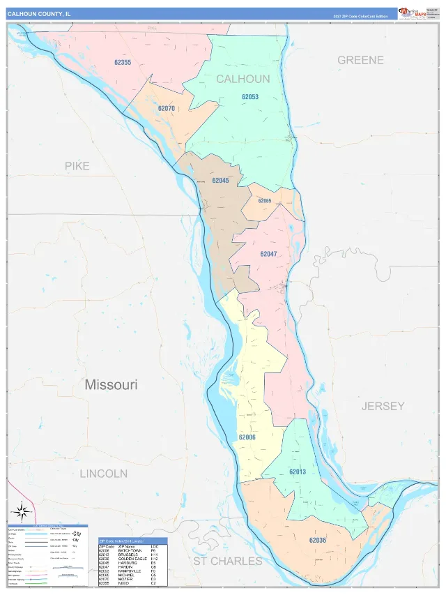 Calhoun County, IL ZIP Code Wall Map, ColorCast style