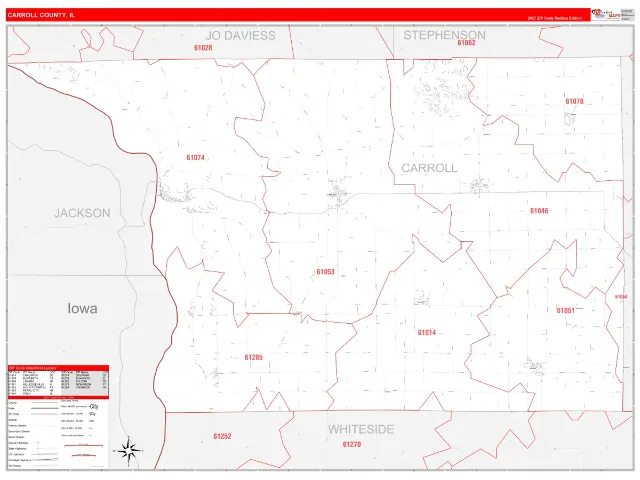 Carroll County, IL ZIP Code Wall Map, RedLine style